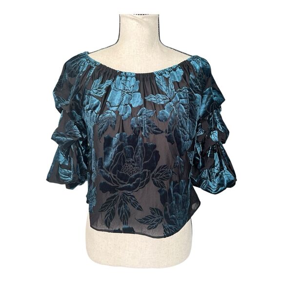 MSK Petite Teal Burnout Velvet Off Shoulder Top PM - Picture 2 of 4